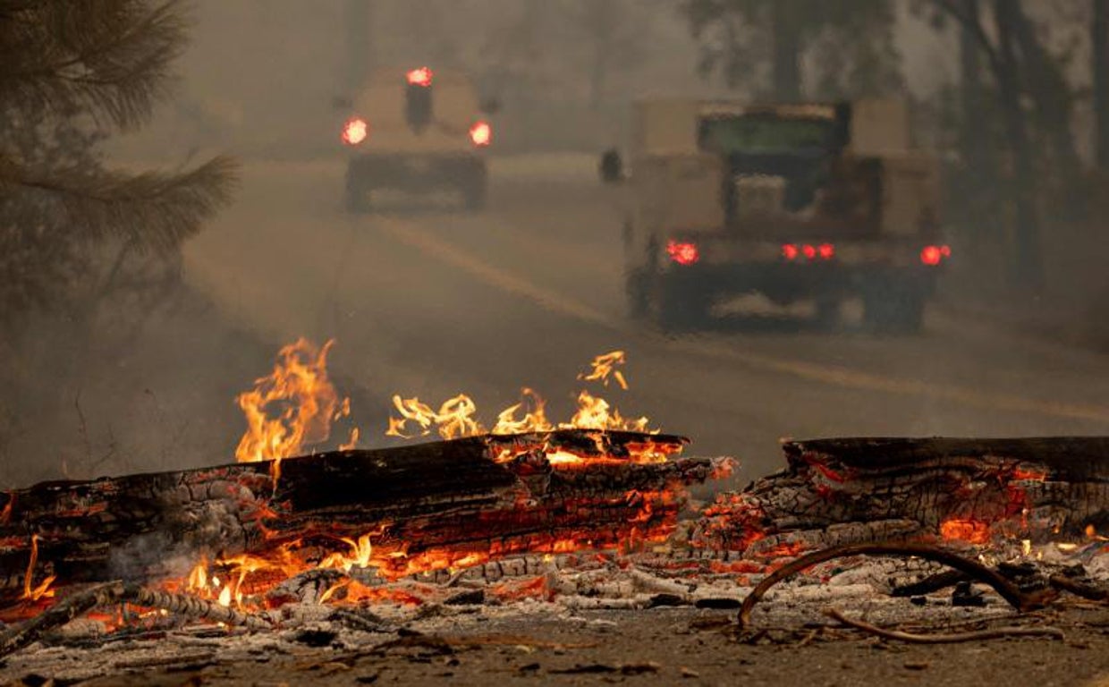 Los árboles quemados interrumpen el paso de los vehículos de emergencias en el incendio de Oak (California)