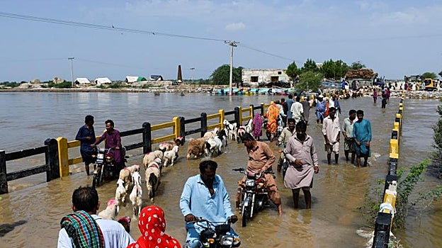 Un grupo de personas se desplaza por una carretera inundada