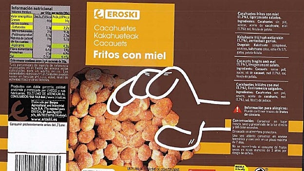 Cacahuetes fritos con miel de la marca Eroski afectados por la alerta sanitaria de la AESAN