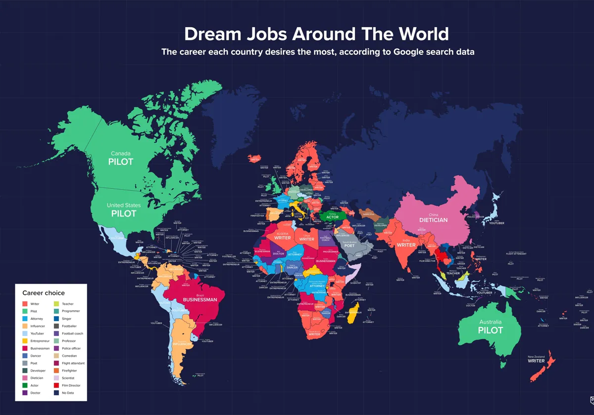 Mapa con las profesiones más deseadas de cada país del mundo