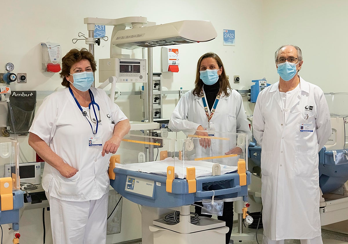 Parte del equipo del Gregorio Marañón que ha acompañado a la familia. De izqda. a dcha., la neonatóloga, Dorita Blanco; Carmen Viñuela, ginecóloga y Braulio de la Calle, coordinador de Trasplantes del Gregorio Marañón