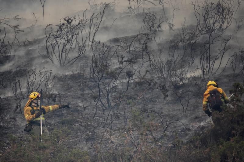 Bomberos de Asturias trabajan sobre el terreno para acabar con los incendios