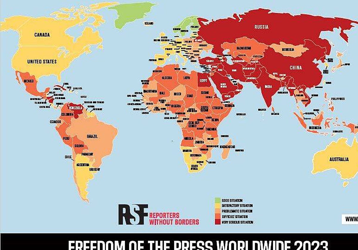 Mapa con la situación de la libertad de prensa por países de Reporteros Sin Fronteras