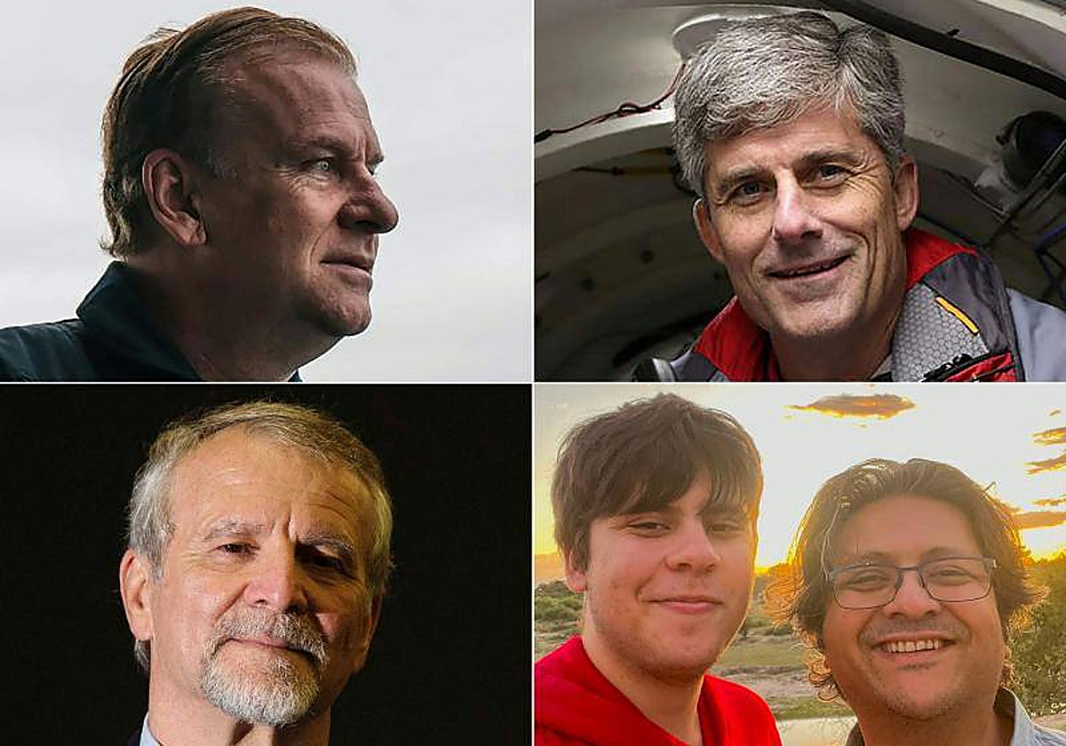 De izquierda a derecha, desde arriba, los tripulantes fallecidos: Hamish Harding, Stockton Rush, Paul-Henri Nargeolet y Suleman Dawood junto a su padre Shahzada Dawood