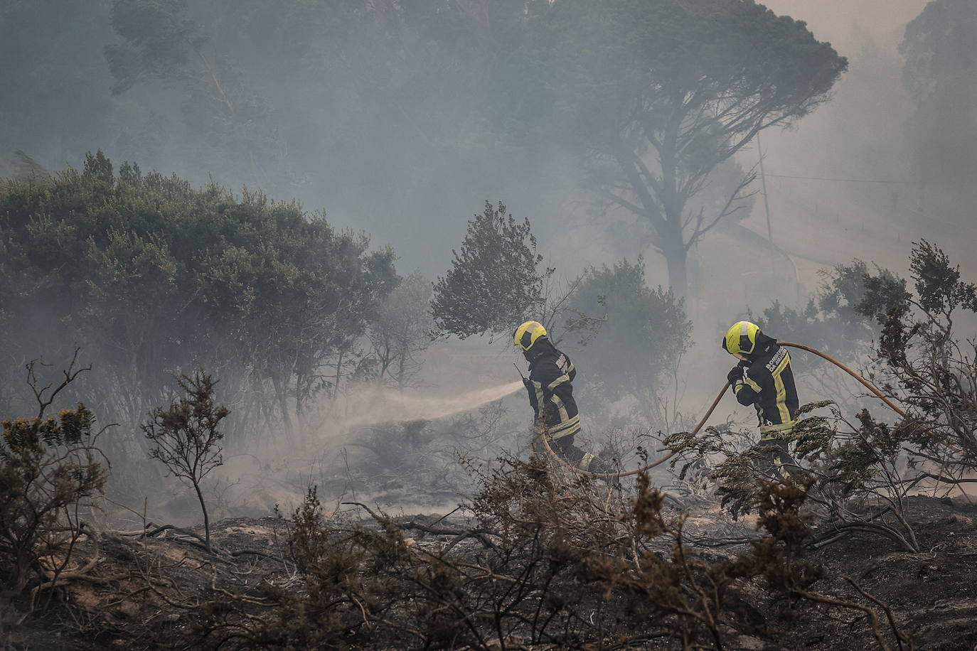 Bomberos luchan contra las llamas en Alto do Alvide, Cascais, Portugal