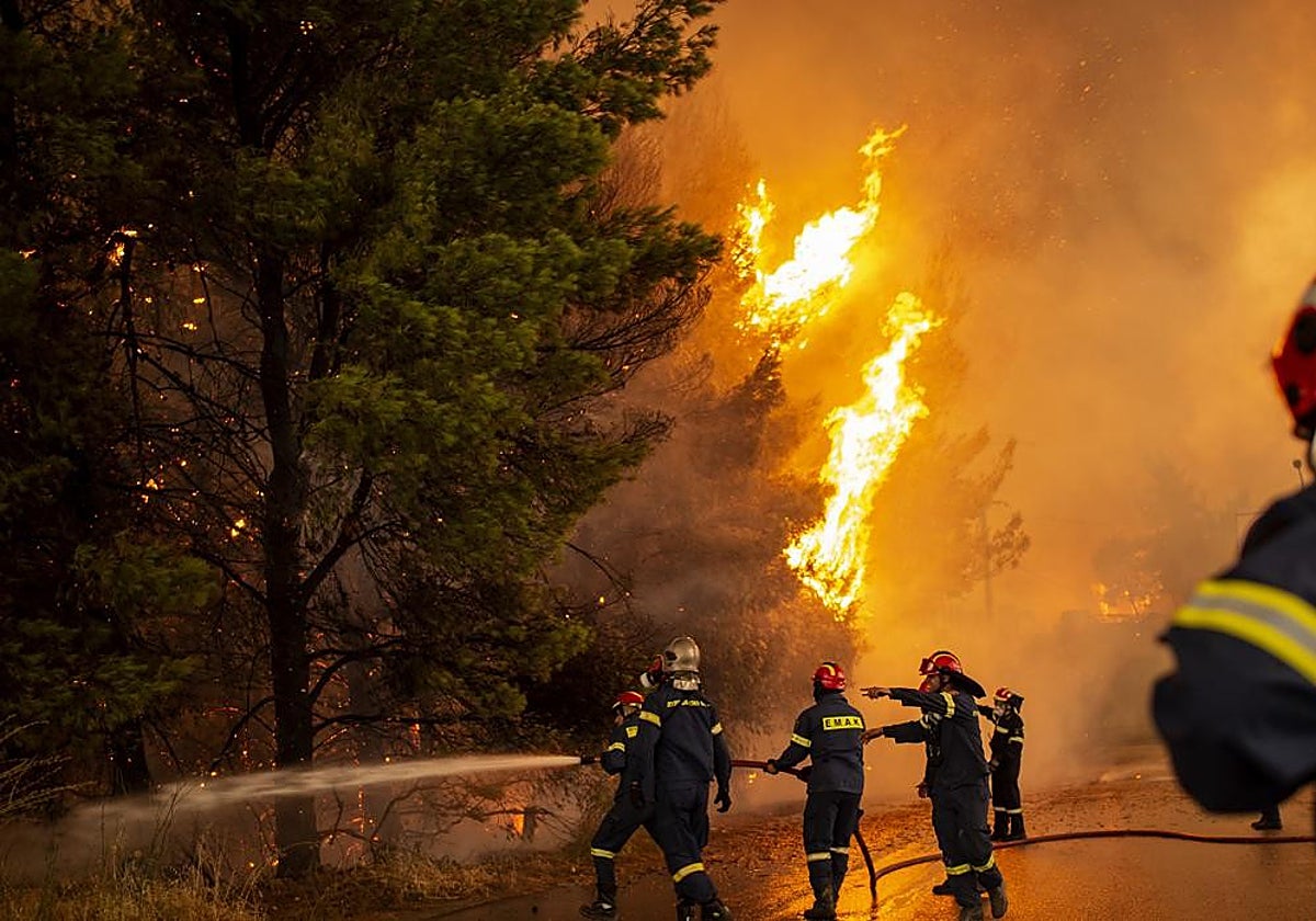 Bomberos luchan contra las llamas en una zona boscosa de Grecia