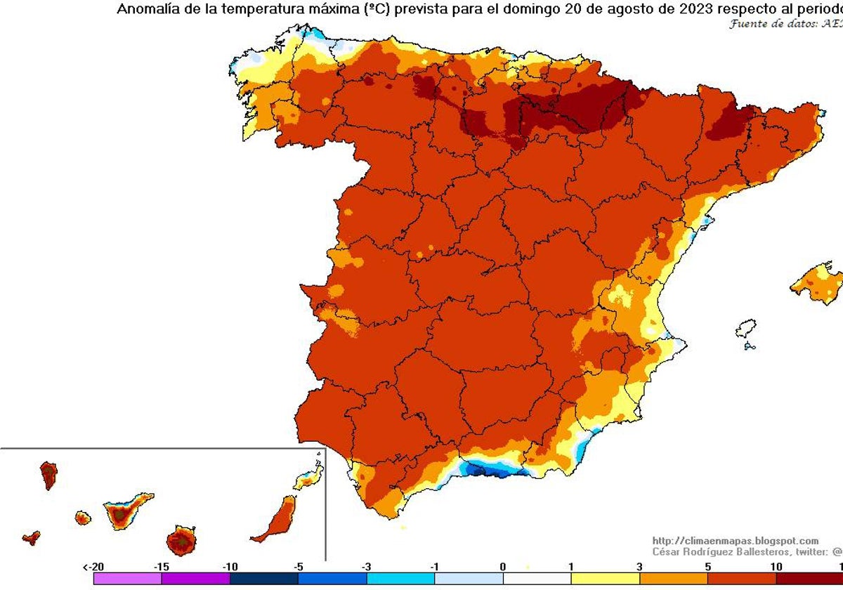 Mapa con el aumento de las temperaturas en función de la media para el próximo domingo