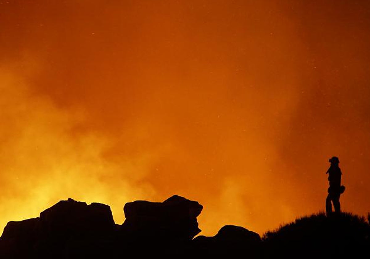 Agente de la UME en la línea de defensa contra el avance del fuego en el norte de Tenerife. En vídeo, imágenes facilitadas por la UME de los trabajos de extinción en Arafo y Candelaria.