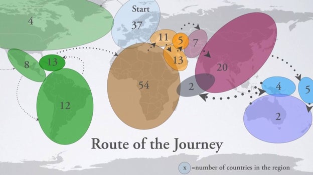 Este es el mapa de la ruta que usó Thor para visitar todo el mundo