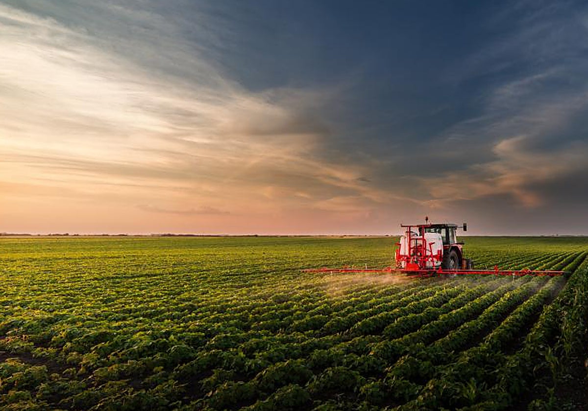 Un tractor dispersa pesticidas