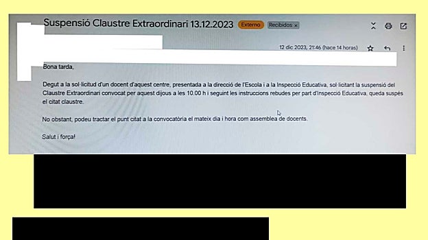 Correo electrónico en el que se informa que ha sido suspendido el claustro. El texto, al que ha tenido acceso ABC, precisa que es una decisión tomada «siguiendo las instrucciones recibidas por parte de la Inspección Educativa».