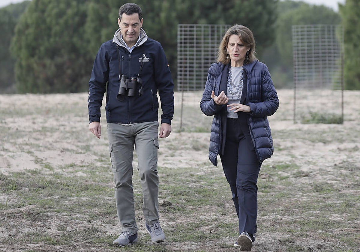 El presidente andaluz Juanma Moreno y la vicepresidenta Teresa Ribera, en Doñana