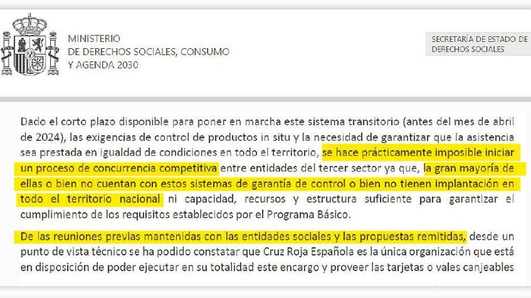 Extracto de la memoria de impacto normativo en la que el Ministerio de Derechos Sociales dice que es «prácticamente imposible iniciar un proceso de concurrencia competitiva»