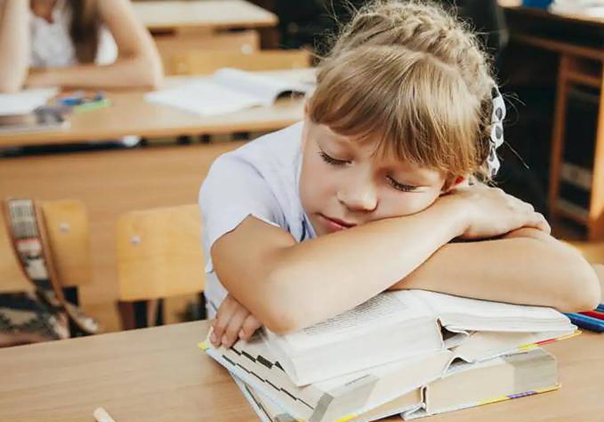 Una niña duerme en clase apoyada en libros de texto