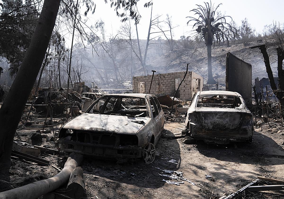 Coches calcinados en Chile tras los incendios.