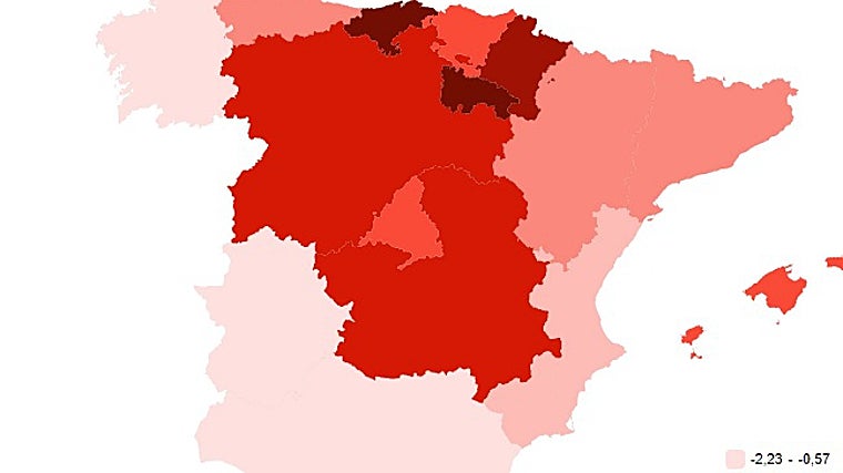 Mapa de calor del INE; cuanto más rojo extremo más nacimientos