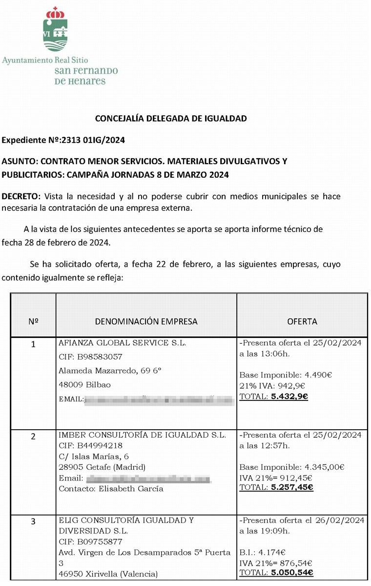 Visto que «en San Fernando no se puede cubrir con medios municipales» el contrato de materiales divulgativos para el 8-M, se solicita oferta a tres empresas: dos son de las García, la tercera niega haber concurrido nunca