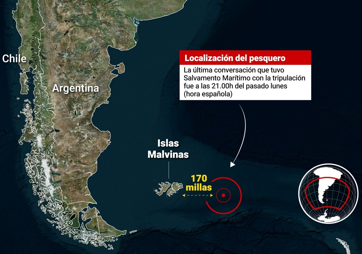 Localización del punto en el Atlántico Sur donde naufragó el Argos Georgia, buque palangrero de armadora británico-noruega