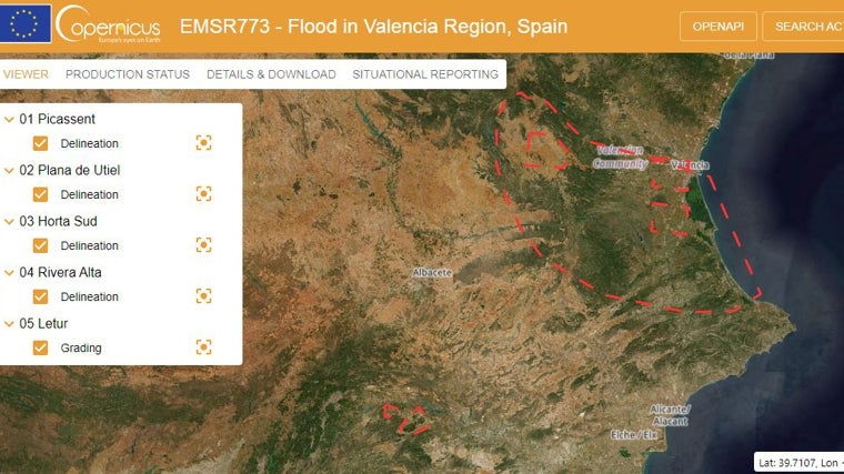 Vista de la alerta enviada por inundaciones del servicio Copernicus