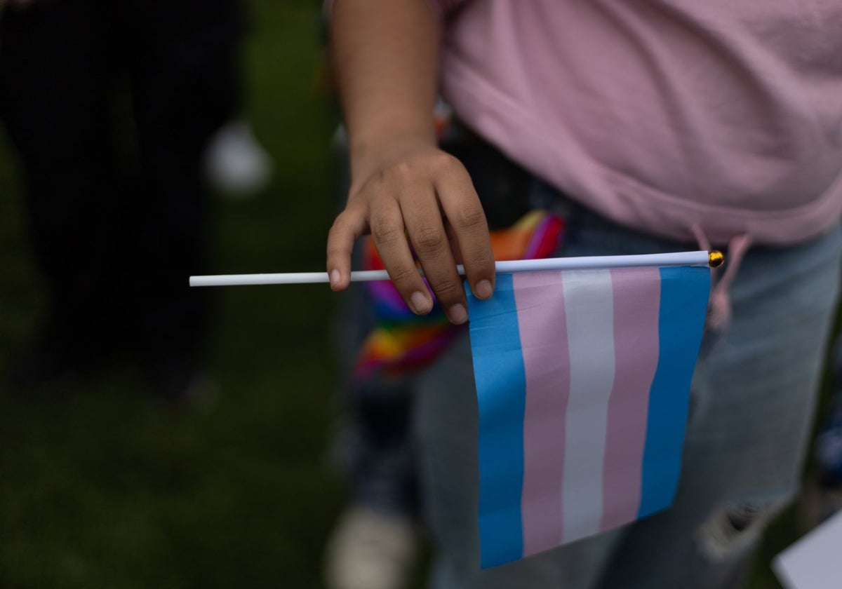 Una persona sostiene una bandera trans