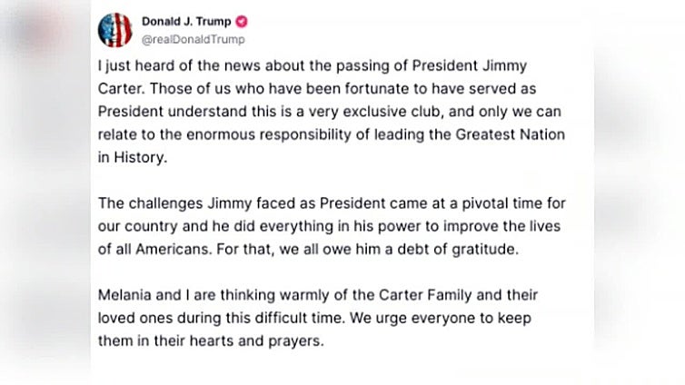 Trump lamenta la muerte del expresidente Carter y agradece el trabajo del demócrata