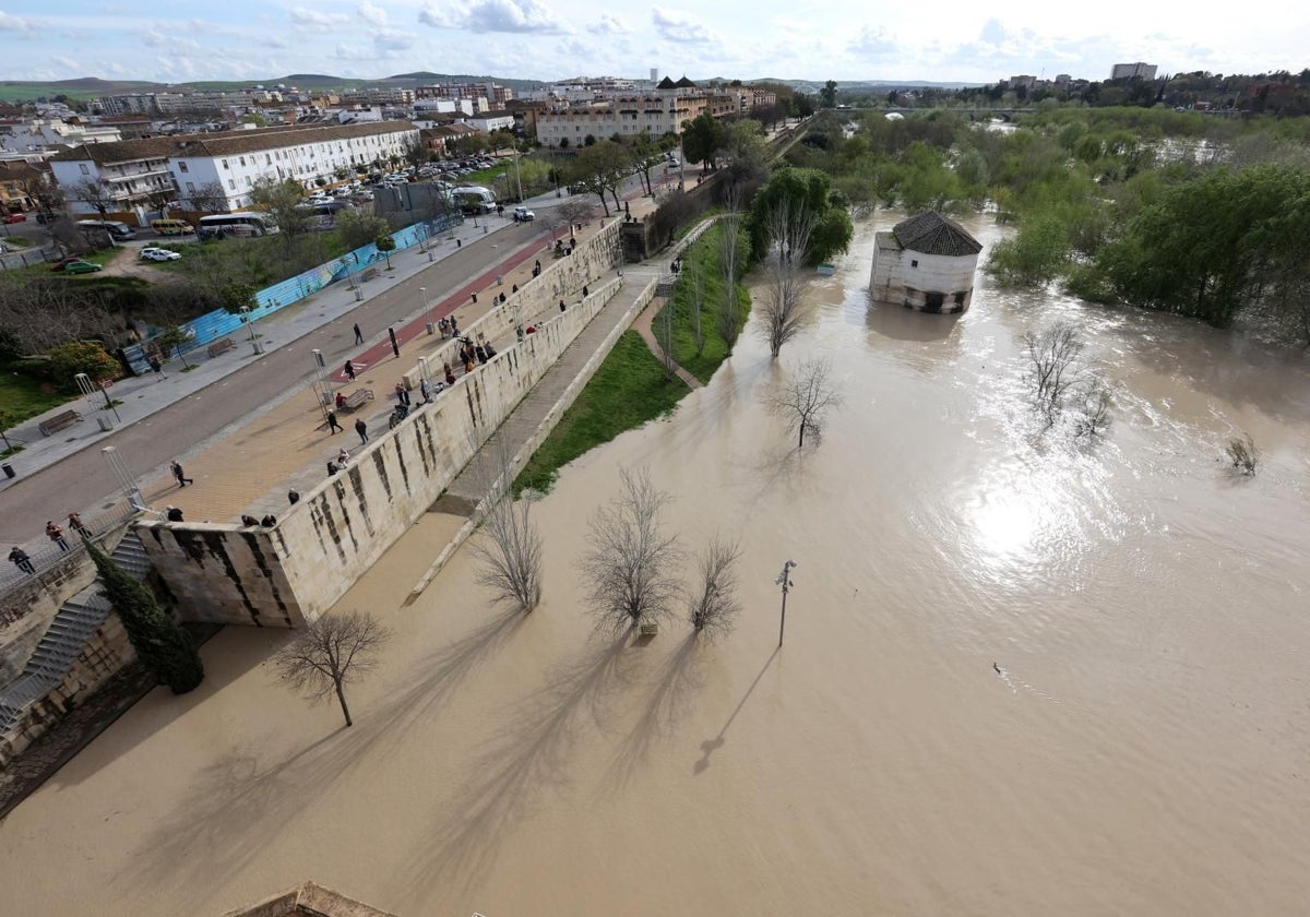 La crecida del río Guadalquivir provocó ayer inundaciones a la altura del puente romano de Córdoba