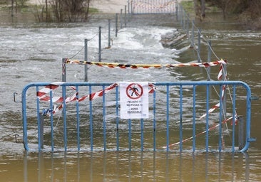 Vista de una pasarela que prohíbe el paso sobre el río Manzanares en El Pardo, por la crecida