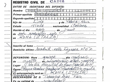 Imagen secundaria 1 - Arriba, 'Jorge' fue condecorado por Mussolini por ser el creador de la Décima Flotilla Mas que con torpedos pilotados por hombres-rana puso en jaque a la flota británica en el Mediterráneo durante la II Guerra Mundial. Abajo a la izquierda, certificado de su defunción (el 26 de agosto de 1974) en el Registro Civil de Cádiz, donde se consignaba su último domicilio en la calle Lagasca, 67 de Madrid. A la derecha, una estampa familiar de la saga Borghese