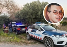 Investigadores junto a la masía de la detenida por el crimen de su expareja Juan Manuel Leiva González (arriba)