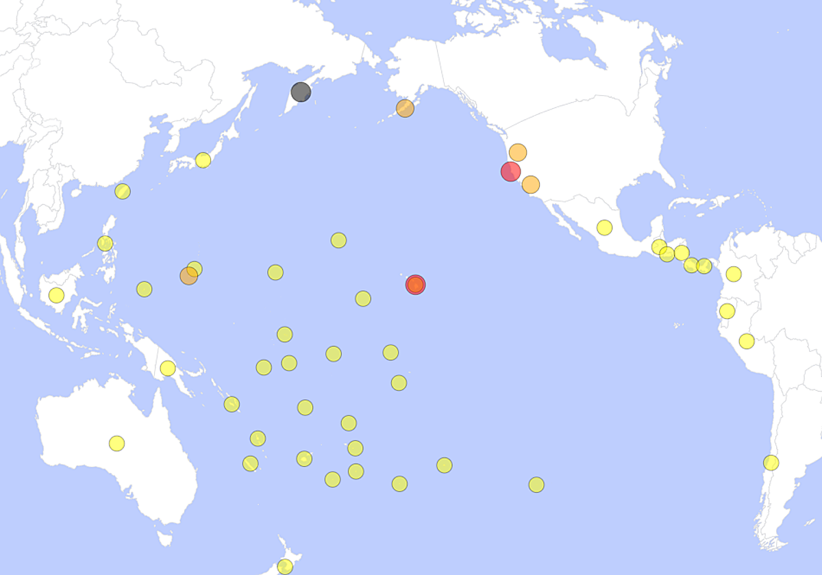 Mapa de alertas de tsunami por el terremoto de Rusia