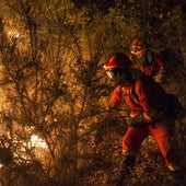Efectivos de la UME realizan labores de extinción en el incendio forestal de Vilamarín.