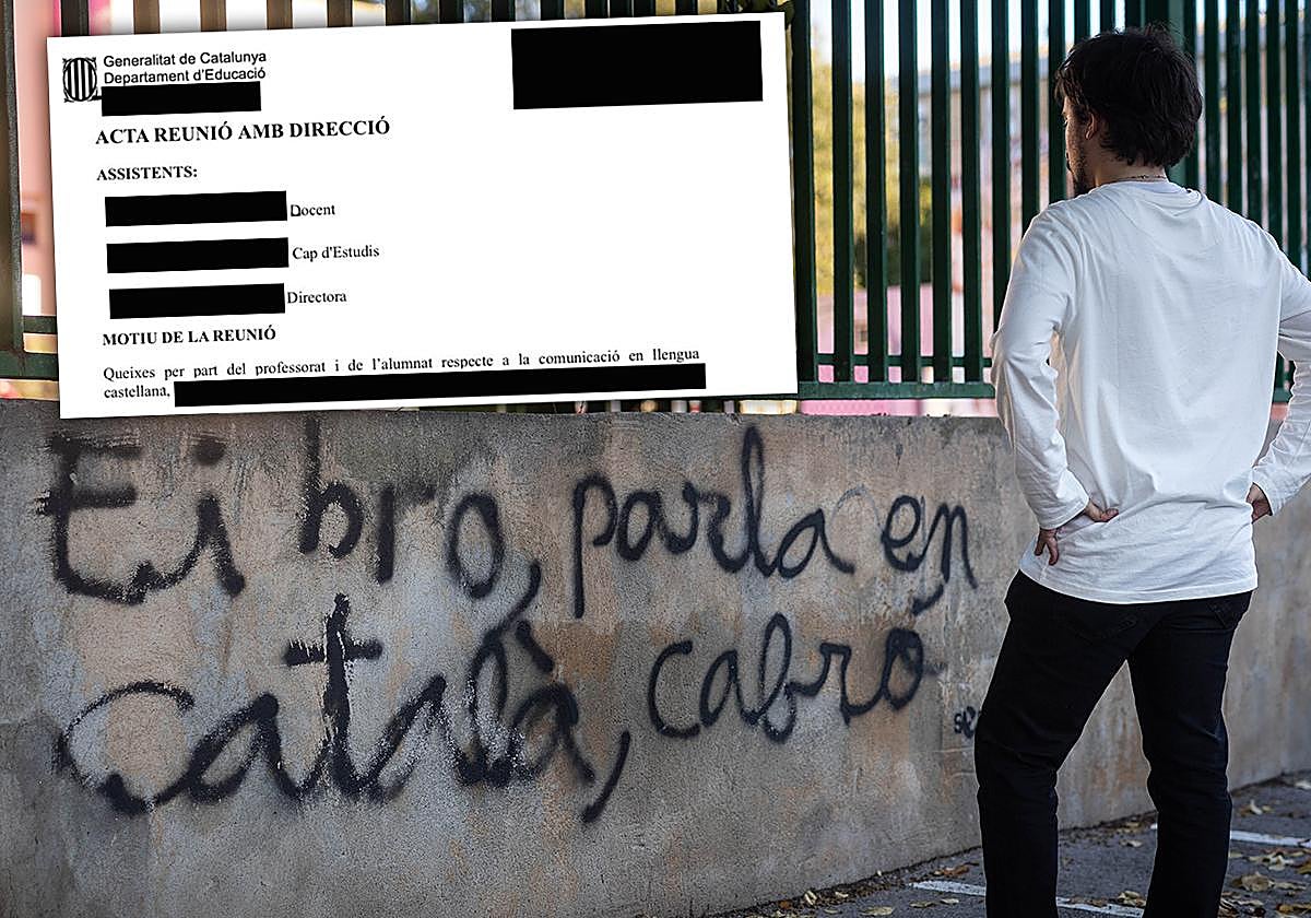 Juan, frente a una pintada en la valla del instituto en el que trabaja