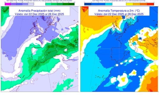 Mapa meteorológico con advertencia de temperaturas bajas, heladas y lluvias en España