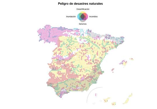 Mapa de prevalencia de los desastres naturales en España.
