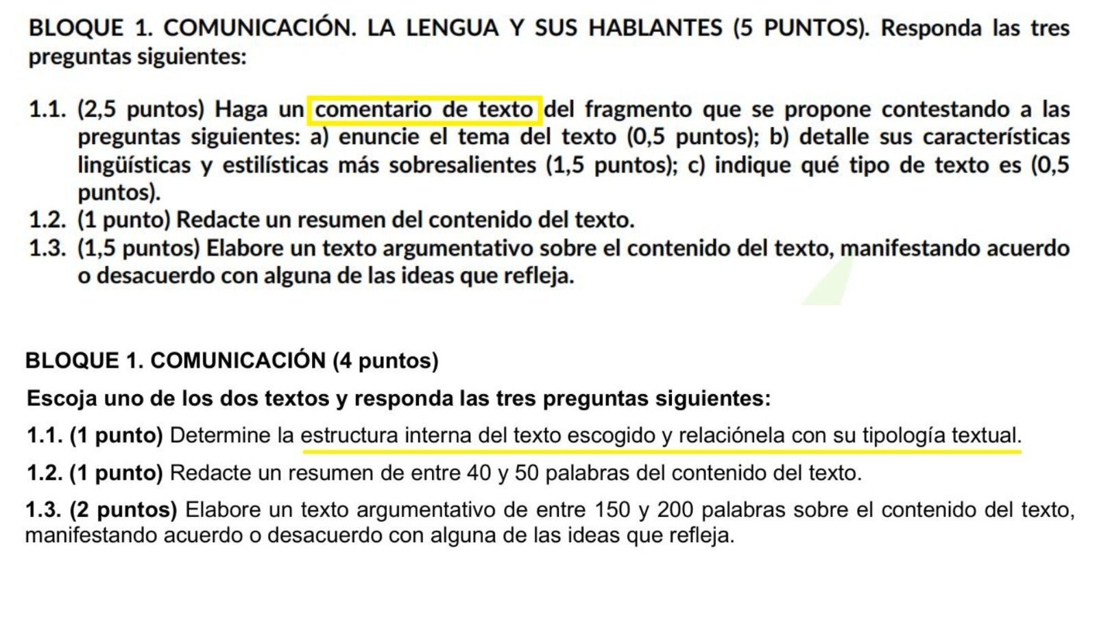 Arriba, el modelo antiguo. Abajo, el nuevo examen de Lengua y Literatura