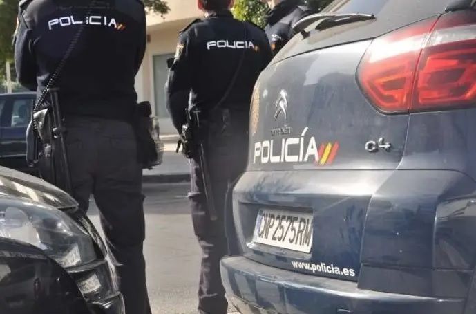 Dos agentes de Policía Nacional junto a un vehículo oficial
