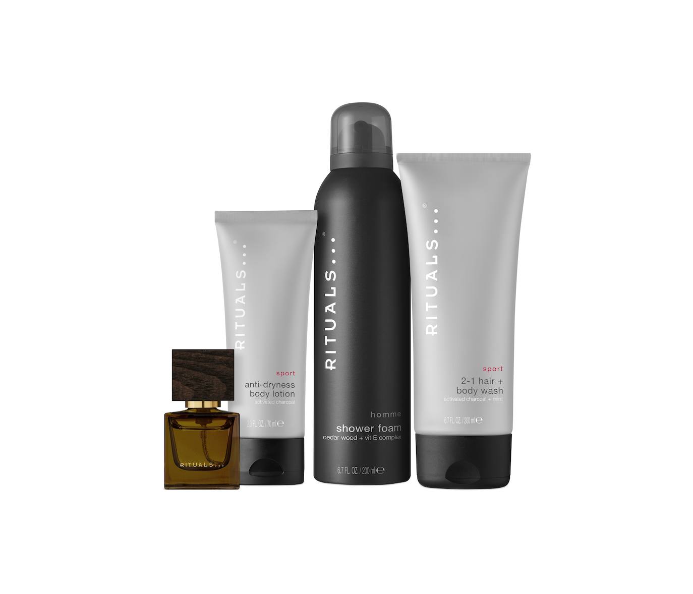 Cofre Rituals Invigorating Routine (36,90 €). Este cofre de regalo para hombre contiene una espuma de ducha de 200 ml, un champú y un gel corporal 2 en 1 de 70 ml, una loción corporal antisequedad de 70 ml y el eau de parfum L’essentiel de 15 ml.