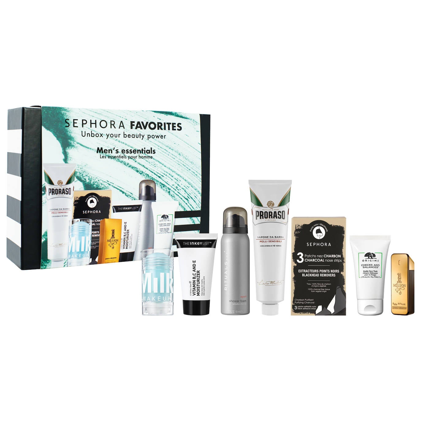 Men’s Essentials de Sephora Favorites (39,99 €, solo en Sephora). El kit definitivo para los padres que se inician en el cuidado facial. Incluye tratamientos esenciales y fórmulas míticas de las mejores marcas beauty. Este es el primer cofre de Sephora Favorites dedicado exclusivamente a los hombres que contiene todas las claves para seguir una rutina de belleza ejemplar. Incluye barra de gel hidratante para el contorno de los ojos Cooling Water, de Milk Make Up; Loción Hidratante con Vitaminas B, C y E, de The Inkey List; Mousse de Ducha Sport, de Rituals; Crema de Afeitado para Pieles Sensibles, de Proraso; Kit de 3 Parches de Nariz con Carbón, de Sephora Collection; mousse de limpieza Checks & Balances, de Origins; y 1 Million EDT, de Paco Rabanne.