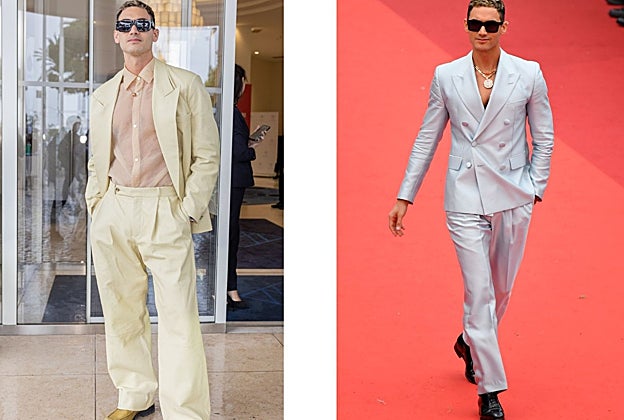 Alejandro Speitzer eligió un traje de color amarillo con camisa transparente, y un traje azul celeste sin camisa y con joyas XXL para acudir al Festival de Cannes.