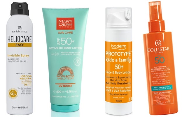 De izquierda a derecha: Fotoprotector transparente de amplio espectro Heliocare 360º Invisible Spray SPF 50+ (17,90 euros); Fotoprotector corporal de textura ligera y acabado invisible Martiderm Active (D) Body Lotion SPF50 + (25,95 €); Olyan Farma Crema Prototype kids & family 50+ Face & Body Lotion (31,45 €); Leche Spray Protección Activa SPF 50 de Collistar, para rostro y cuerpo, de textura ligera y rápida absorción (35 €).