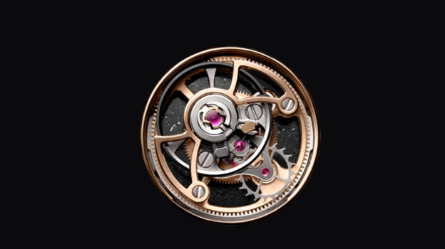 Este modelo cuenta con un tourbillon fescentrado en la subesfera a las 6 en punto