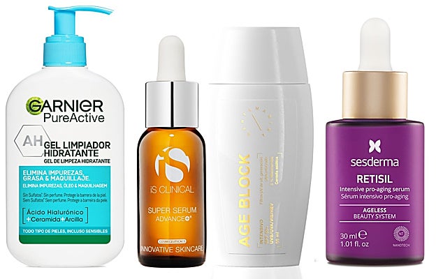 De izquierda a derecha: Gel Limpiador Hidratante con ácido hialurónico y ceramidas de Garnier (6,99 €); Super Serum Advanced+ con ácido L-ascórbico (106 €); Protector solar AGE Block SPF50+ de Santamarina Cosmetics (24,90 €); Retisil Sérum intensivo de Sesderma (58,95 €).
