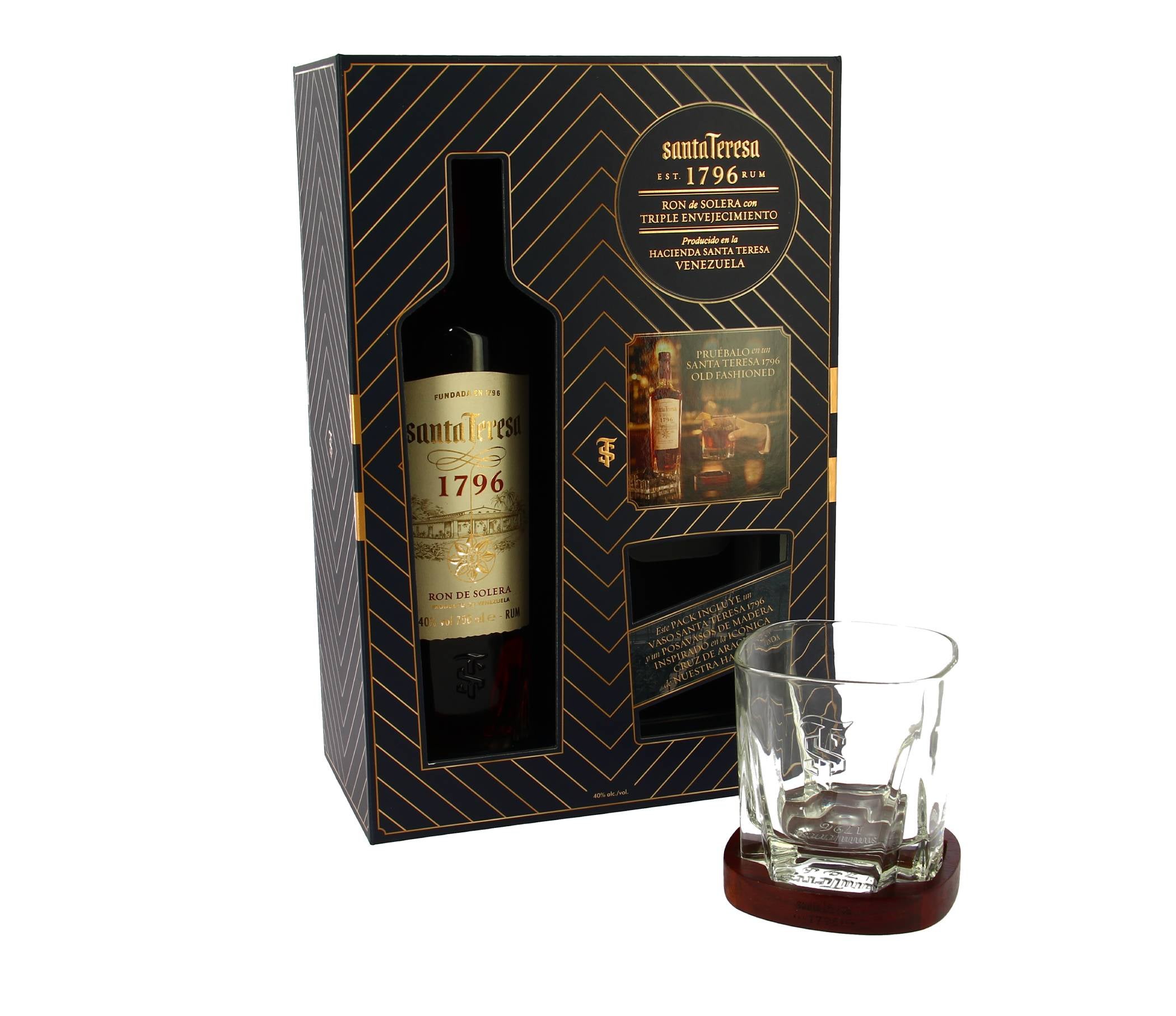 Ron Santa Teresa 1876, un destilado valiente y elegante está formado con mezclas de hasta 35 años, envejecido en barricas de bourbon de madera de roble mediante el método de solera, resultando un ron seco, suave y equilibrado. De aroma afrutado, con notas de madera, miel y chocolate negro, su sabor es meloso y complejo, ofreciendo notas de nueces tostadas, cuero, vainilla, canela, chocolate negro, pasas, una pizca de miel, ligeros ahumados y pimienta.  Se presenta en un pack que incluye una botella de Santa Teresa 1796 junto a un elegante vaso y posavasos serigrafiado. PVPR: 51,00€.