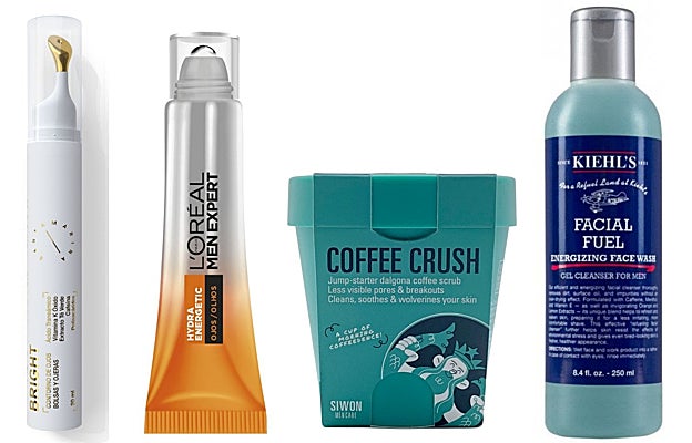 De izquierda a derecha: Contorno de ojos Bright de Santamarina Cosmetics con un 3% de cafeína (43,90 euros); Hydra Energetic Roll On Ojos de L'Oréal Men Expert con vitamina C y cafeína (12 euros); Exfoliante facial anti puntos negros y granitos Coffee Crush de Siwon (24,95 euros); Limpiador facial con cafeína Facial Fuel Energizing Face Wash de Kiehl's (18,75 euros).