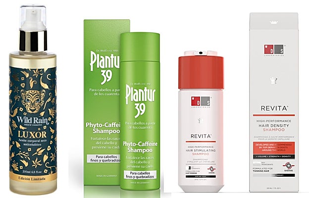 De izquierda a derecha: Luxor, aceite seco anticelulítico y reafirmante de Wild Rain con cafeína (37,95 euros); Plantur 39 Phyto-Caffeine Shampoo Para Cabello Fino y Quebradizo (12,49 euros); Revita Champú anticaída y estimulante folicular con cafeína (23,95 euros).