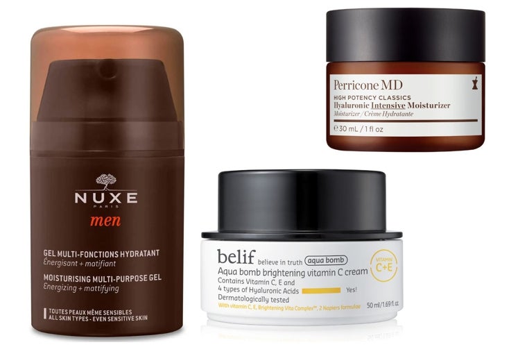 Gel Multi-Funciones Hidratante de Nuxe Men (25,60 euros); Crema Aqua bomb vitamin C de Belif (39,99 euros); Gel-Crema hidratante Hyaluronic Intensive Moisturizer de Perricone MD (78 euros).