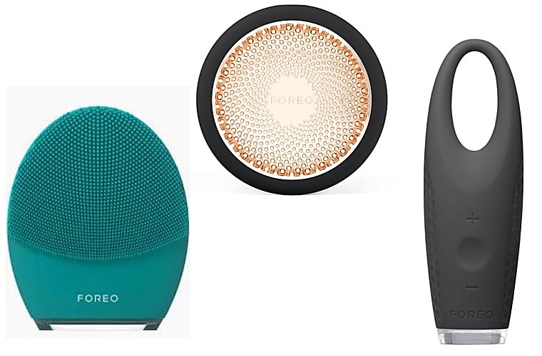 Los dispositivos de Foreo son una ayuda extra para cuidar la piel en casa. De izquierda a derecha: el cepillo de limpieza facial Luna, el dispositivo UFO e Iris para el contorno de los ojos.