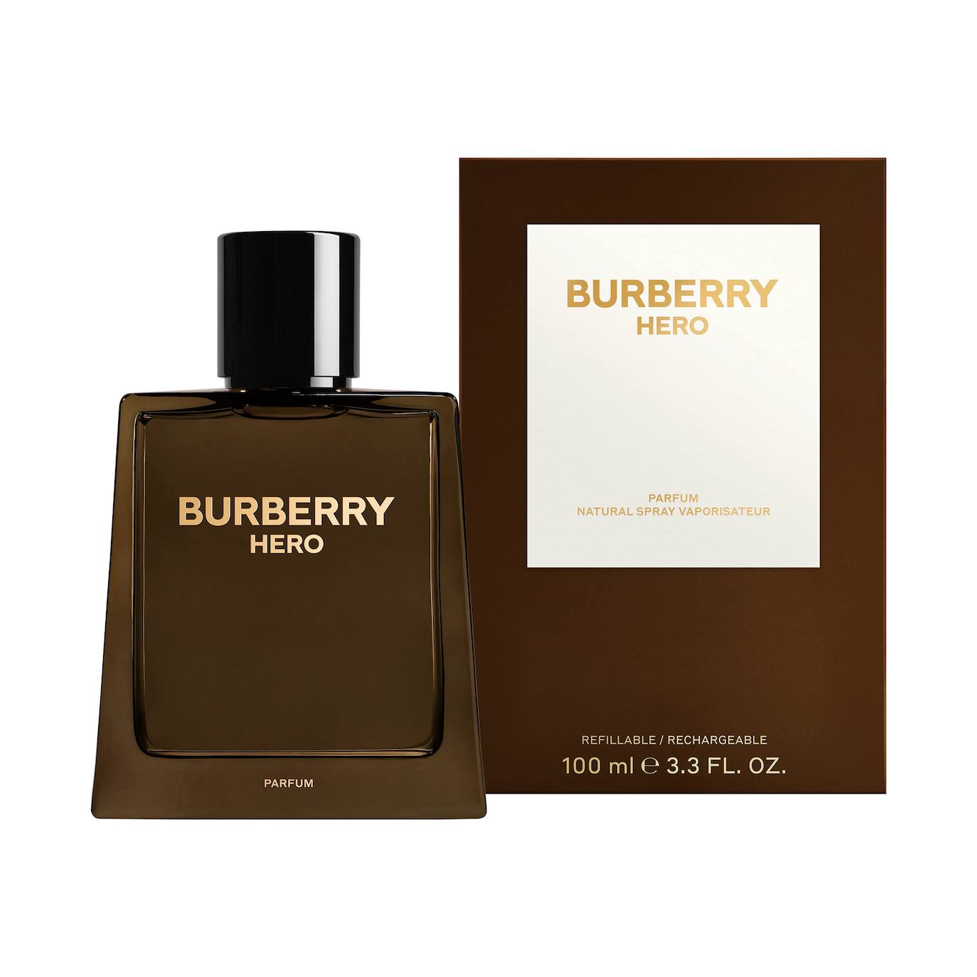 Burberry Hero Parfum (176 euros, 100 ml). Una fragancia intensa y vigorosa con notas aromáticas de incienso y benjuí sobre una base terrosa de aceites de madera de cedro y pino. Se presenta en un frasco de color roble intenso con detalles dorados.