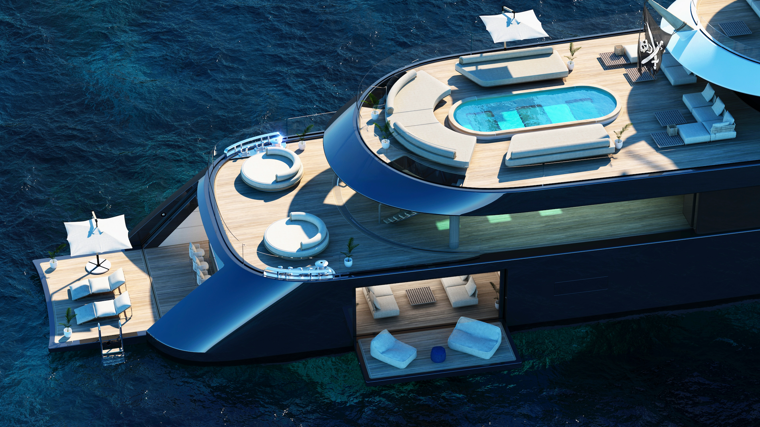 Este yate cuenta con un amplio garaje, helipuerto y varias zonas de baño