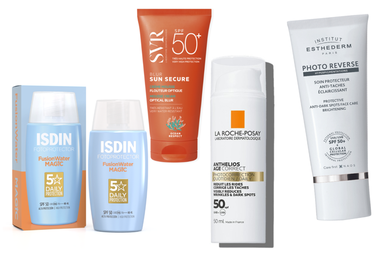 Solares con filtros químicos: Isdin Fusion Water Magic SPF 50+ (24 euros); Crema solar facial Sun Secure Blur SPF 50+ de SVR (23,90 euros); Crema solar antiedad Anthelios Age Correct SPF50 + de La Roche Posay (19,14 euros); Photo Reverse Crema solar antimanchas de alta protección de Institut Esthederm (69 euros).